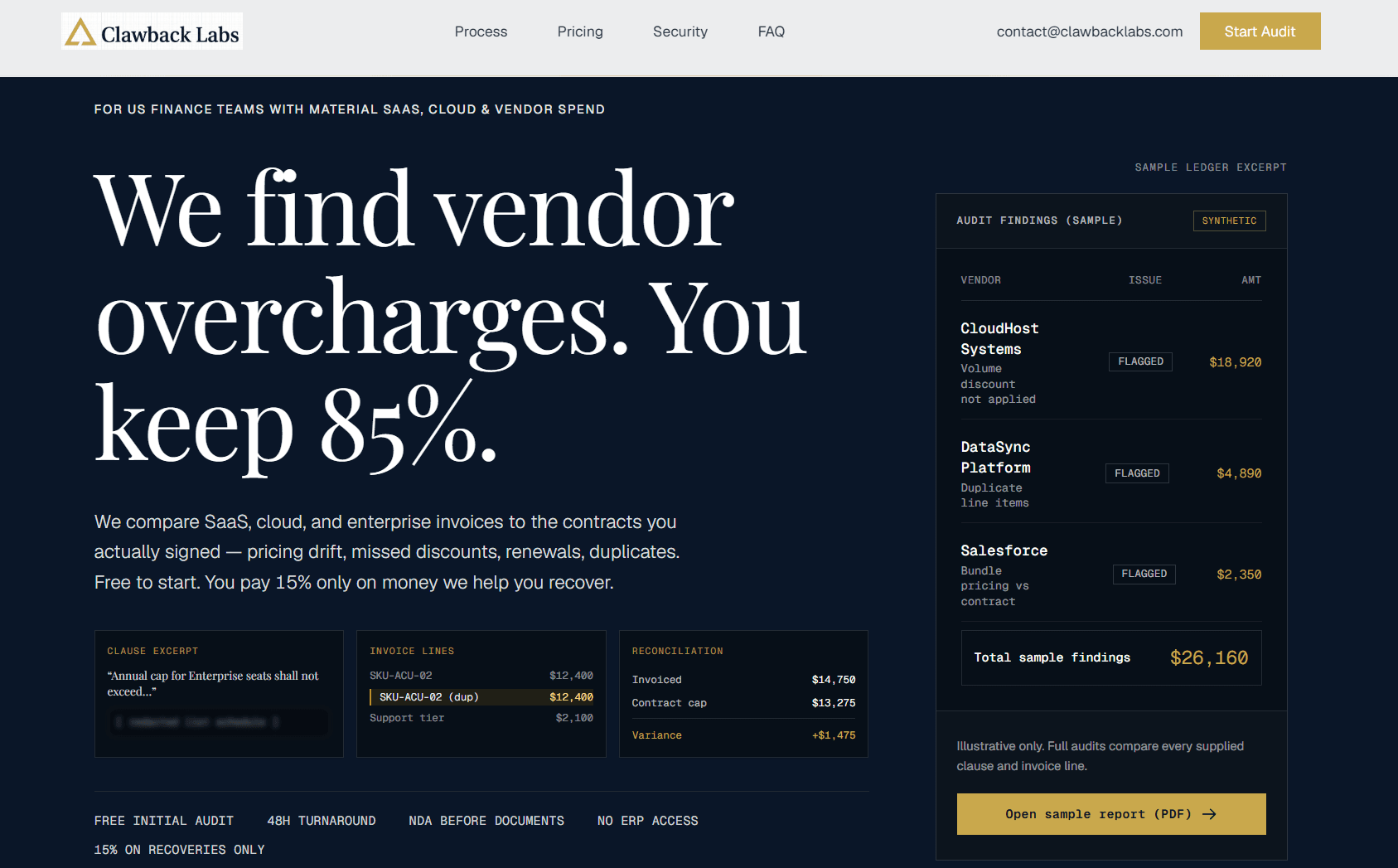 Clawback Labs AI-assisted invoice auditing and contract reconciliation interface