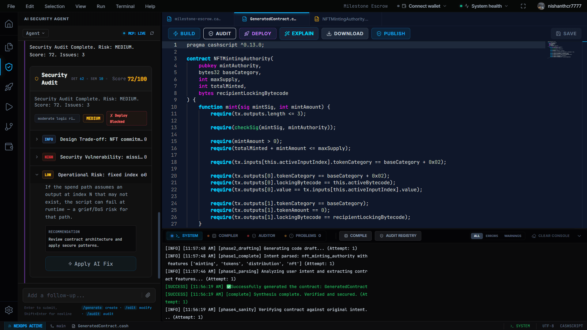 NexOps IDE with AI-assisted CashScript contract generation, deterministic validation, and security analysis